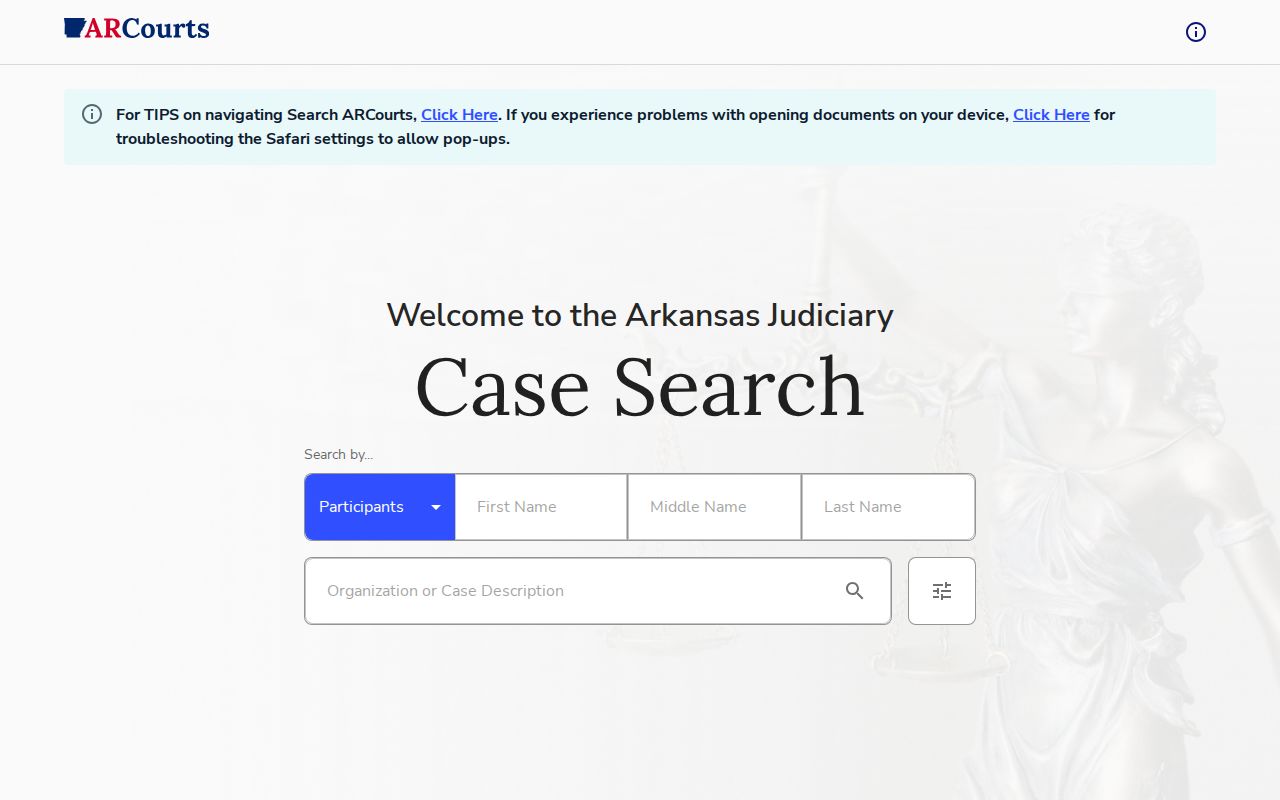 Blank Search ARCourts interface for Montgomery County outstanding warrant case research